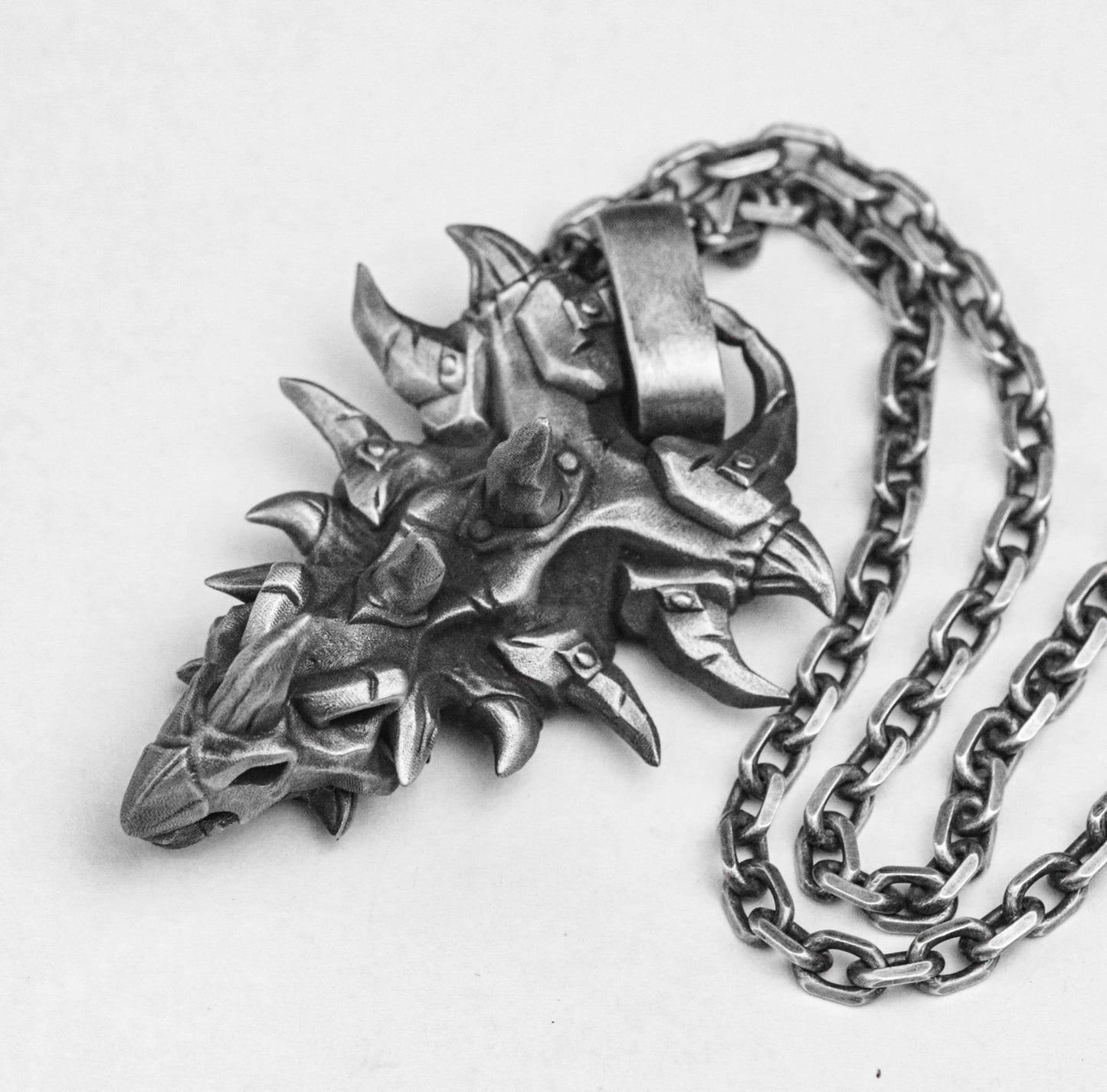 Men's Pendant - Dragon Head Shield Necklace - Antique Silver Jewelry - Hand Carved Dragon - Silver Pendant -