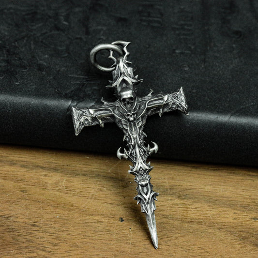925 sterling silver skull cross pendant, skull cross necklace, thorny cross, totem cross pendant - handmade