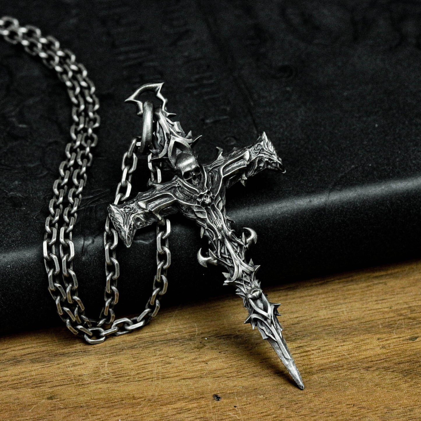 925 sterling silver skull cross pendant, skull cross necklace, thorny cross, totem cross pendant - handmade