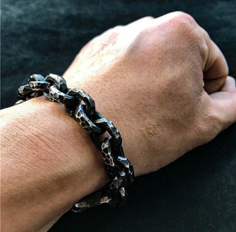 10mm Hammered Textured Silver Bracelet - Men's Cufflink Bracelets - Handmade Artisan Silver Jewelry - Dad's Gift - Oxidized Silver Bracelet.
