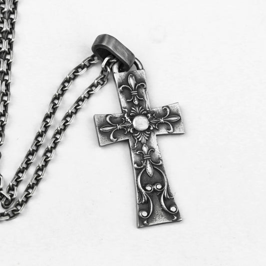 925 Silver Gothic Iris Cross Pendant,European Palace Carved Cross Necklace Brass Craftsman Making Jewelry