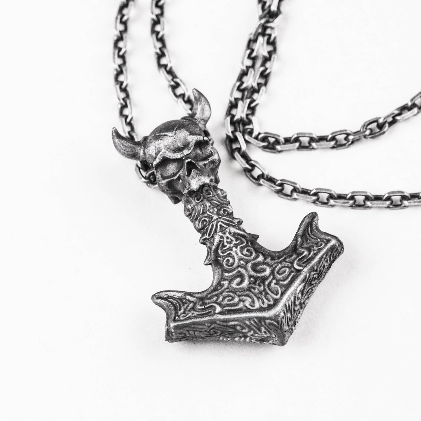 925 silver Thor's hammer pendant, ram's horn skull pendant, wolf jewelry