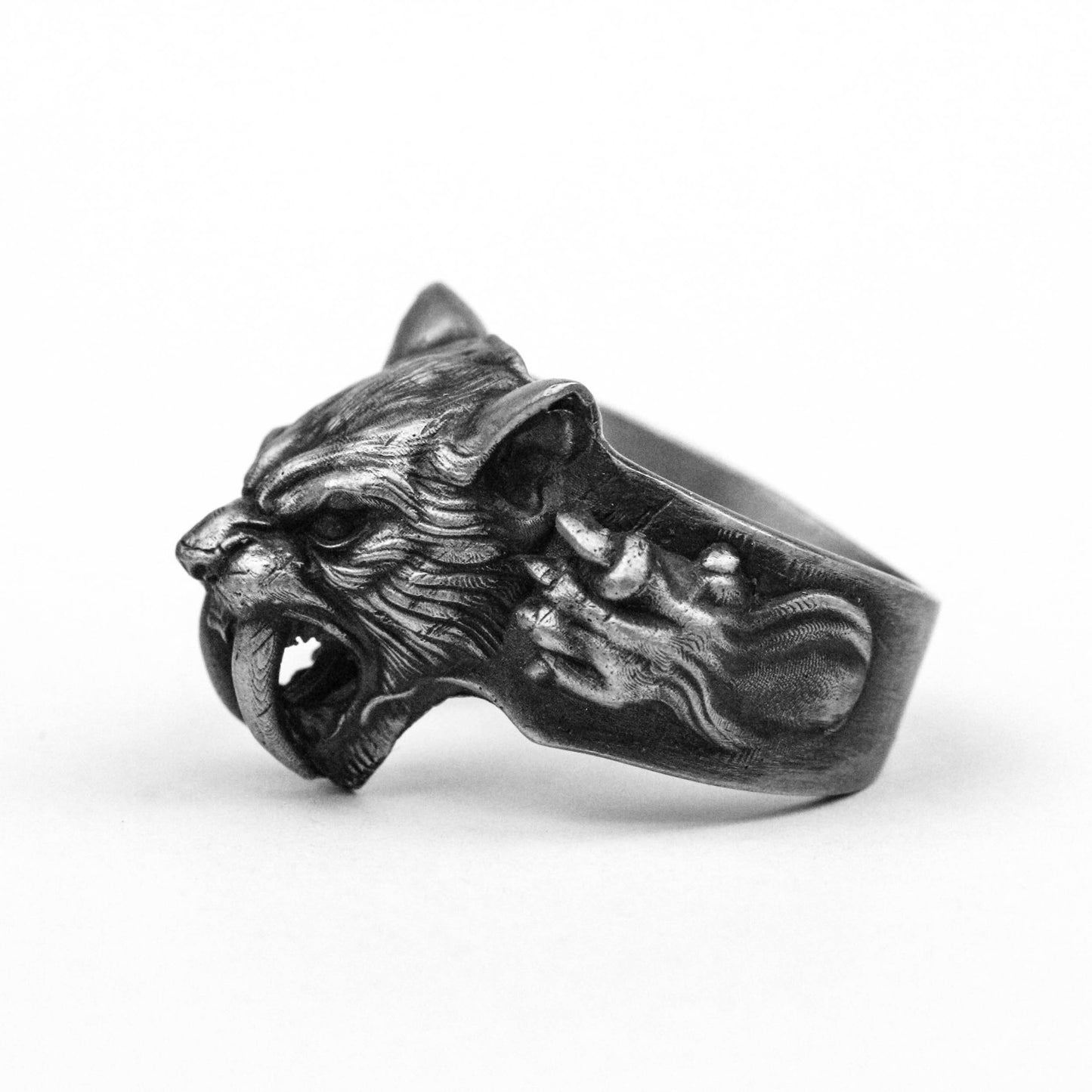 Ancient saber-toothed tiger ring, Roaring lion, Angry Lion,patron saint of animals rings,Vintage 925 silver säbelzahntiger jewelry