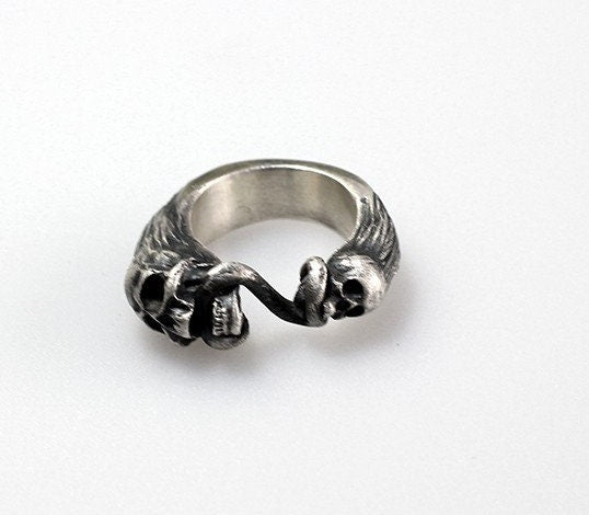 Gothic Rings - Men's Fashion Rings - Double Headed Skull Silver Rings - Bite Rope Skull Rings - Open Rings - Girls Jewelry
