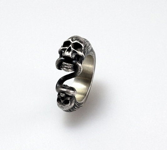 Gothic Rings - Men's Fashion Rings - Double Headed Skull Silver Rings - Bite Rope Skull Rings - Open Rings - Girls Jewelry