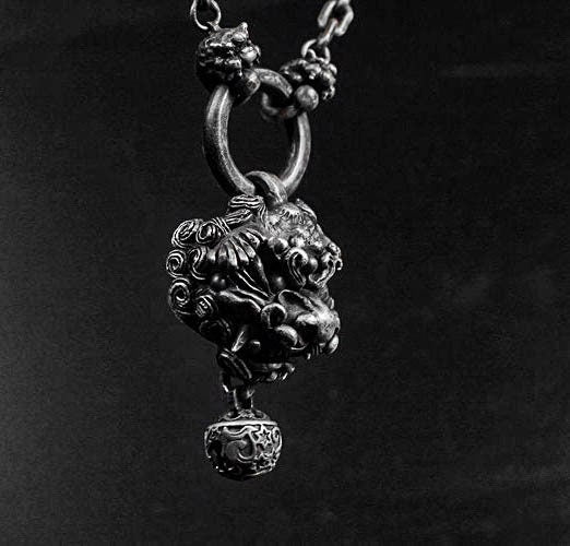 Tang Lion Pendant Bells-Sterling Silver Lion Bell Charms, Necklace Charms, Silver Lucky Charms, Round Bell Charms, Pixiu Charms,