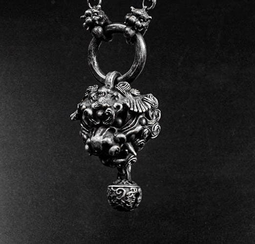 Tang Lion Pendant Bells-Sterling Silver Lion Bell Charms, Necklace Charms, Silver Lucky Charms, Round Bell Charms, Pixiu Charms,