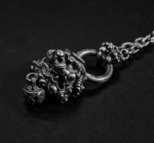 Lion Pendant - Sterling Silver Lion Bell Charm - Pixiu Charm - Slum Jewelry - Tribal Necklace - Chunky Chain Necklace - Lion Necklace
