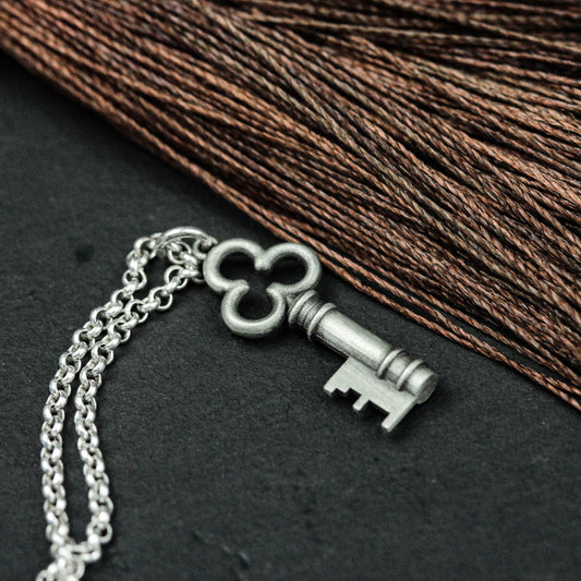 Silver Delicate Petite, Keepsake Necklace, Flower Necklace, Key Charm, Sterling Silver Pendant for Women, Clavicle Chain Accessories.