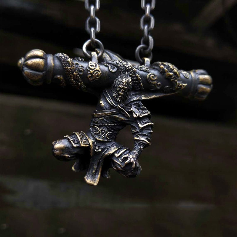 Monkey King 925 Silver Necklace Pendant,Silver/Brass pendant,China Classic Image,Journey to the west,Golden Cudgel-Craftsmen made