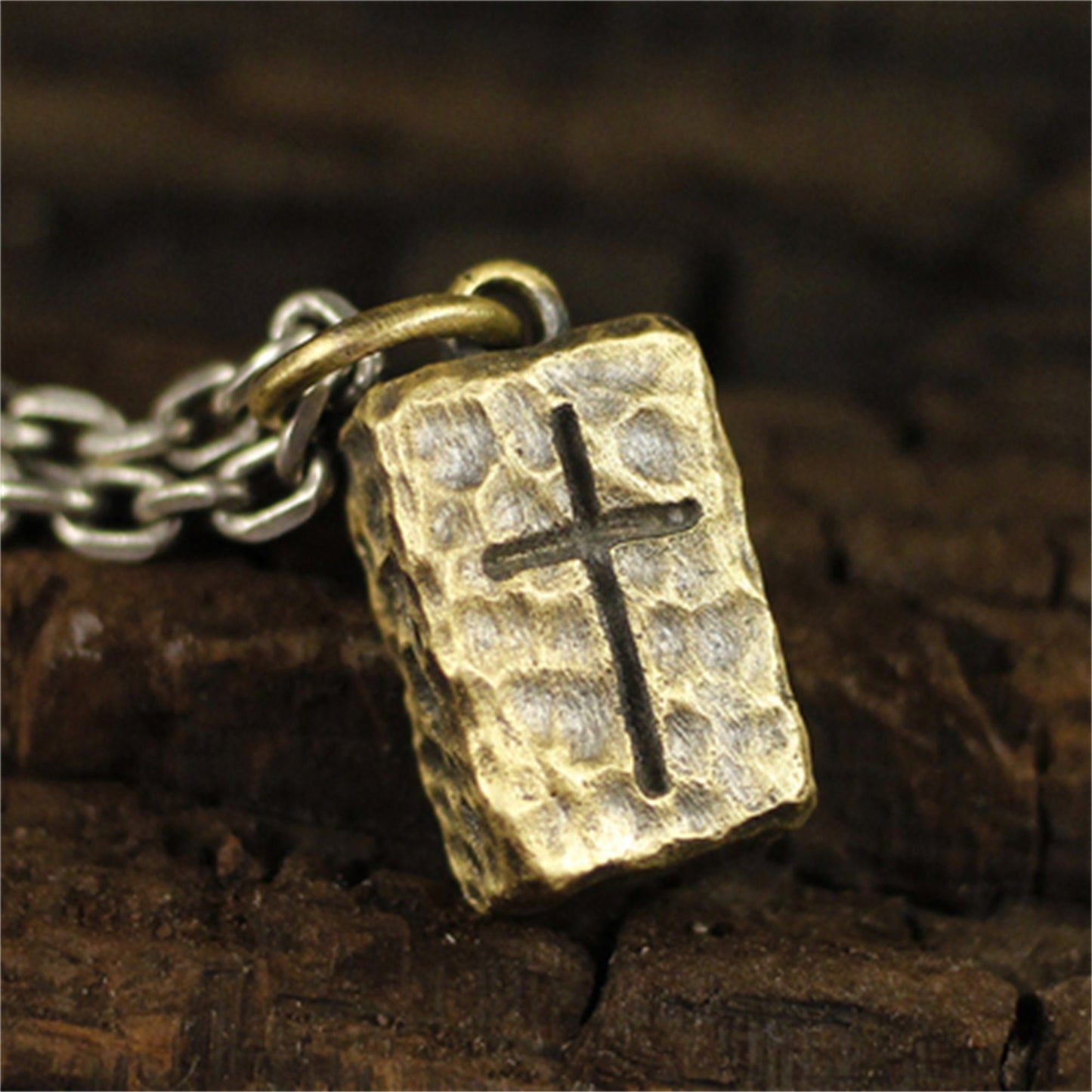 Silver block cross pendant necklace, hammered 925 silver texture handmade pendant necklace, unique necklace gift-Craftsman Made