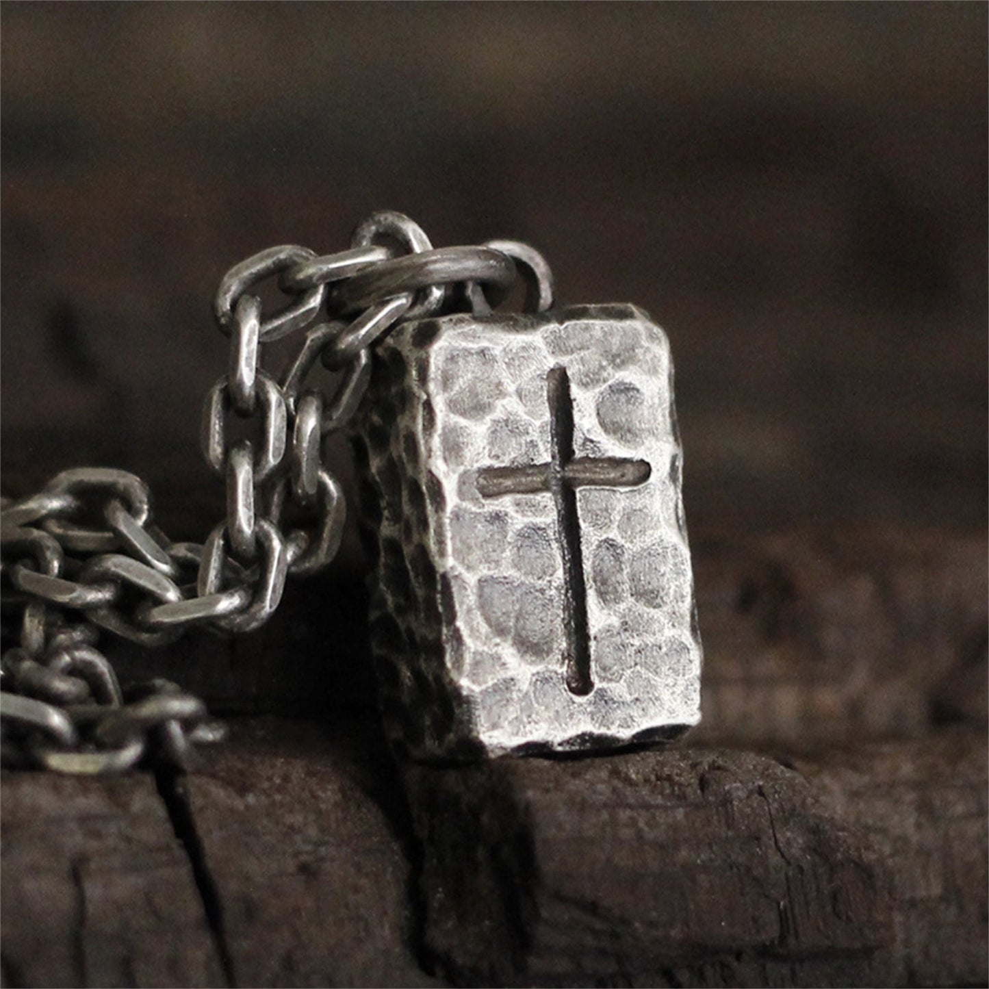 Silver block cross pendant necklace, hammered 925 silver texture handmade pendant necklace, unique necklace gift-Craftsman Made