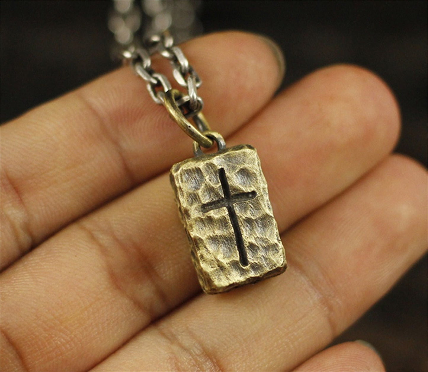 Silver block cross pendant necklace, hammered 925 silver texture handmade pendant necklace, unique necklace gift-Craftsman Made