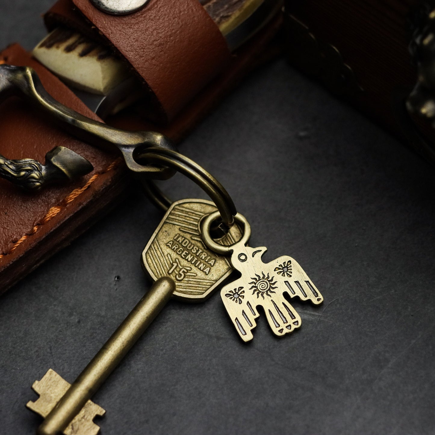 Thunderbird pendant. Eagle tag. Key pendant. Lanyard. Brass-Craftsmen made