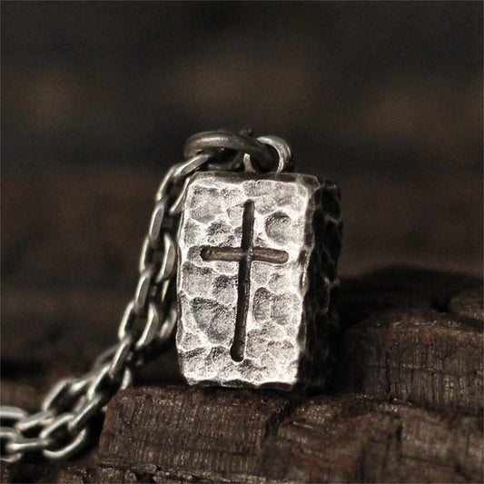 Silver block cross pendant necklace, hammered 925 silver texture handmade pendant necklace, unique necklace gift-Craftsman Made