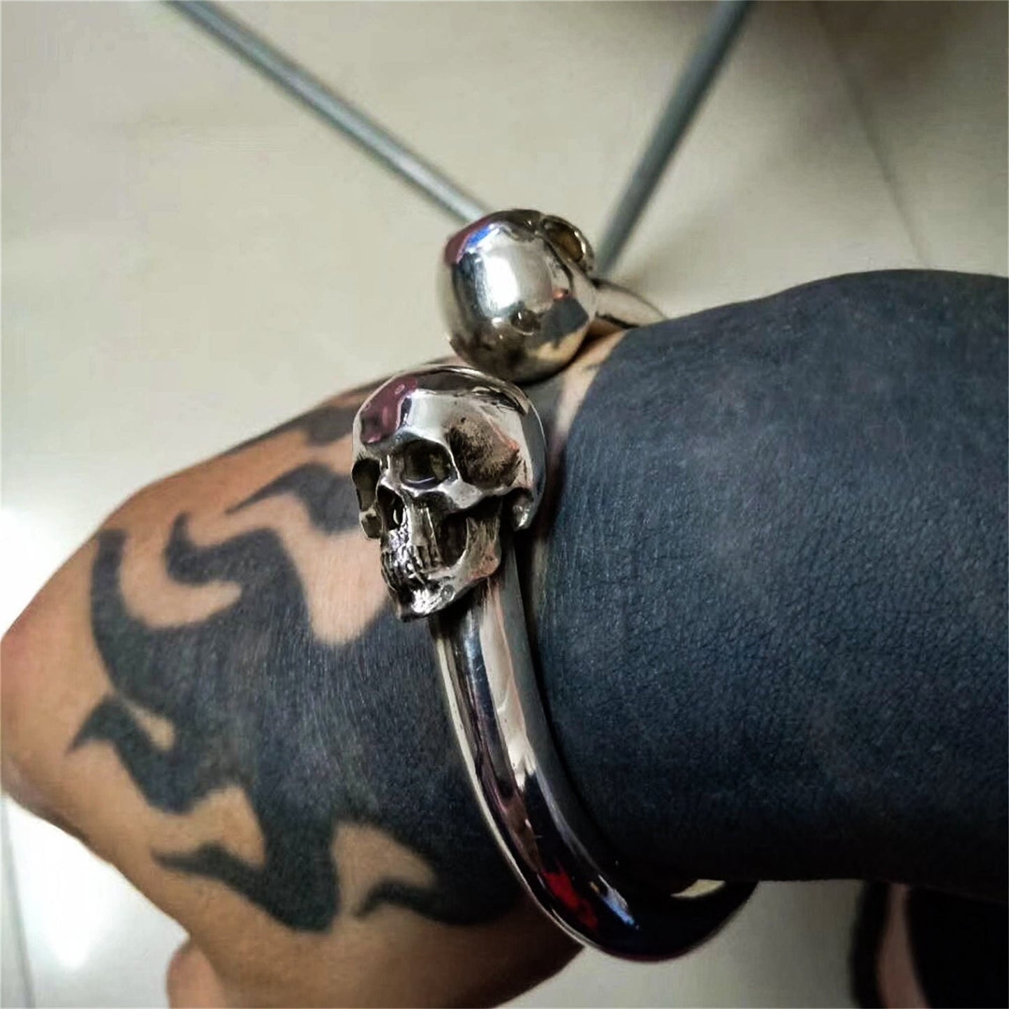 Double Skull 925 Silver Bangles, men's bangles, Double head skull Bangles,sterling silver personality bangles-Craftsmen made