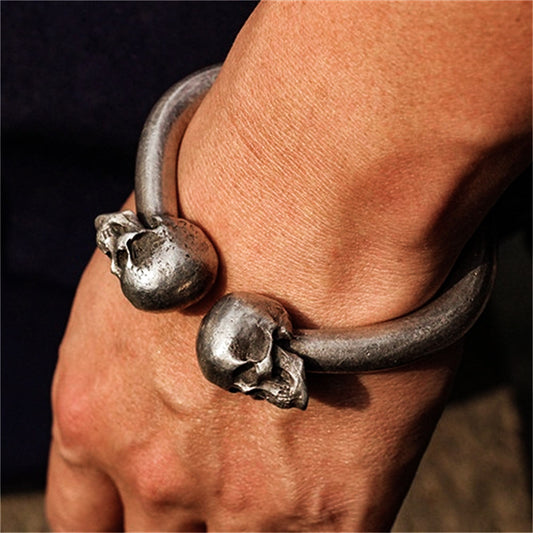 Double Skull 925 Silver Bangles, men's bangles, Double head skull Bangles,sterling silver personality bangles-Craftsmen made