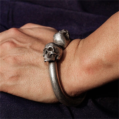Double Skull 925 Silver Bangles, men's bangles, Double head skull Bangles,sterling silver personality bangles-Craftsmen made - SATANHORN