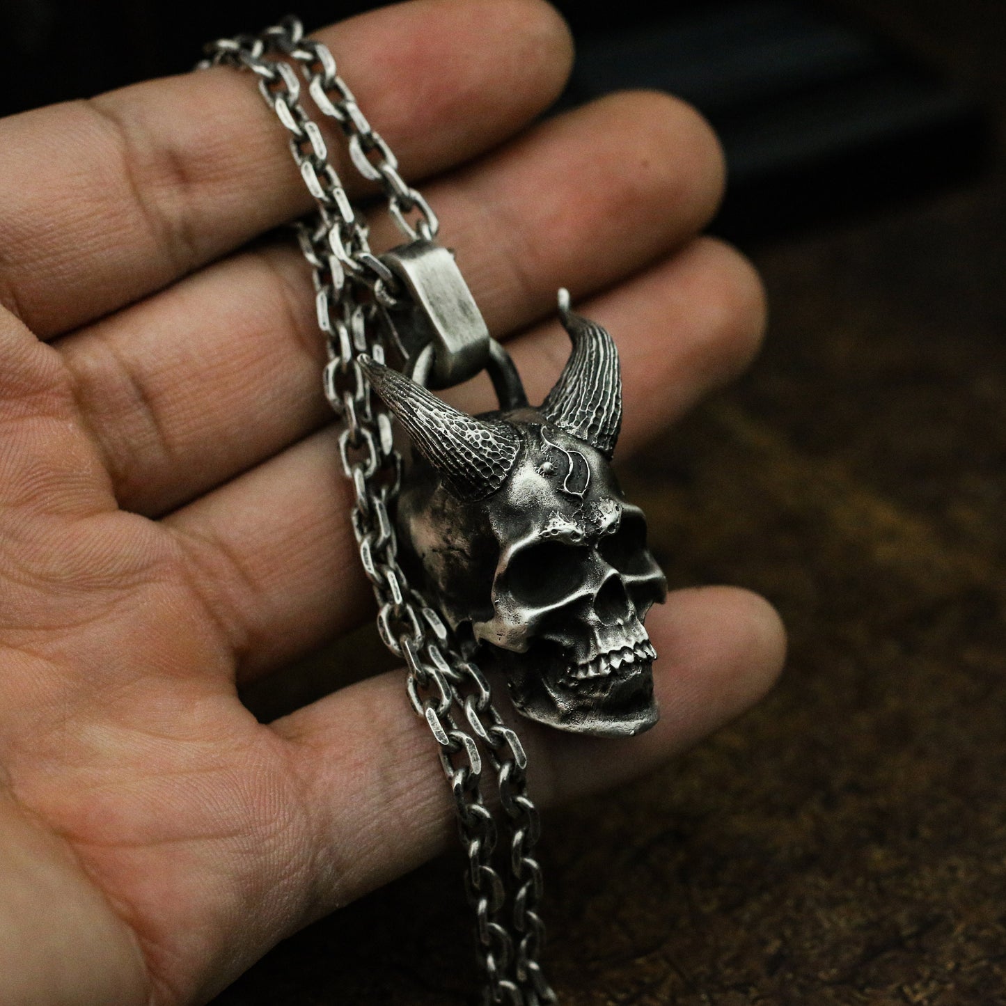 Devil skull 925 silver pendant necklace, long horned skull, hell devil sterling silver solid personality pendant-Craftsmen made