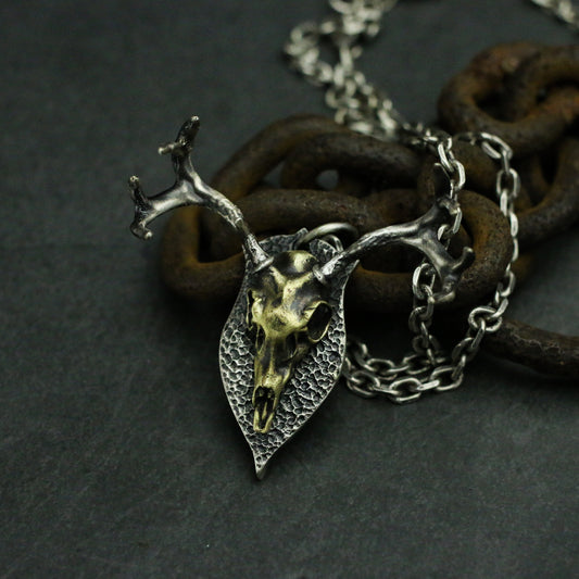 Male deer skull 925Silver/Brass pendant necklace, animal skull 925 silver jewelry, unique handmade necklace pendant-Craftsmen made