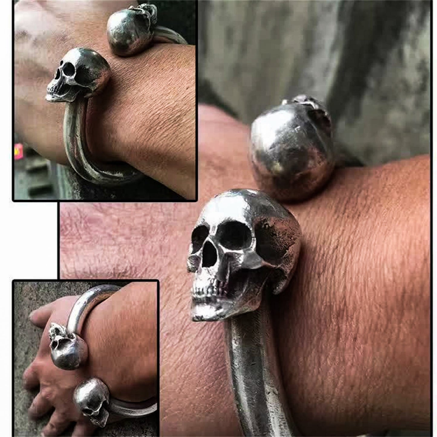 Double Skull 925 Silver Bangles, men's bangles, Double head skull Bangles,sterling silver personality bangles-Craftsmen made