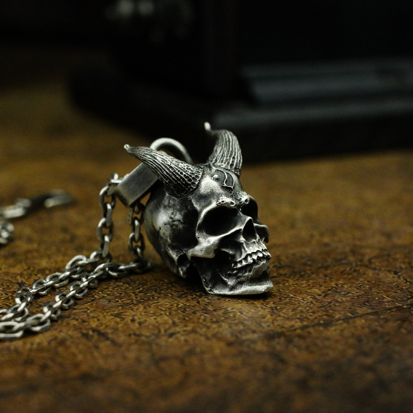 Devil skull 925 silver pendant necklace, long horned skull, hell devil sterling silver solid personality pendant-Craftsmen made