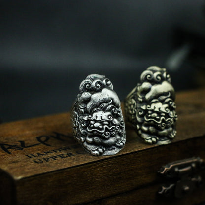 Vintage lion beast 925 silver ring, auspicious cloud lucky ring, small gift sterling silver personality-Craftsmen made - SATANHORN