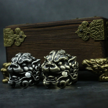 Lion beast 925 silver ring, lion dance head ring, New Year beast Kylin gift sterling silver personality - Crafted by craftsmen - SATANHORN