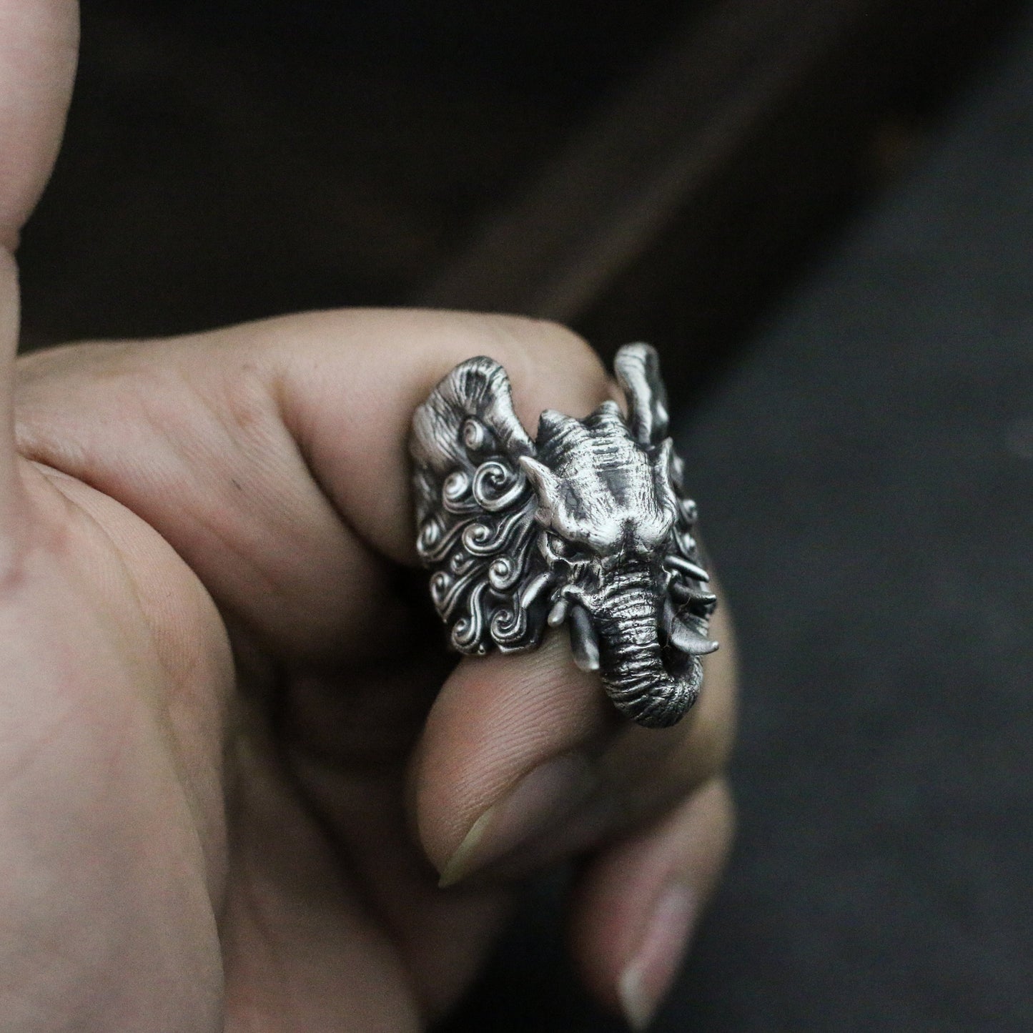 Six-tooth Elephant 925 Silver Ring - Buddhist Mount Sterling silver Ring - Crafted Made