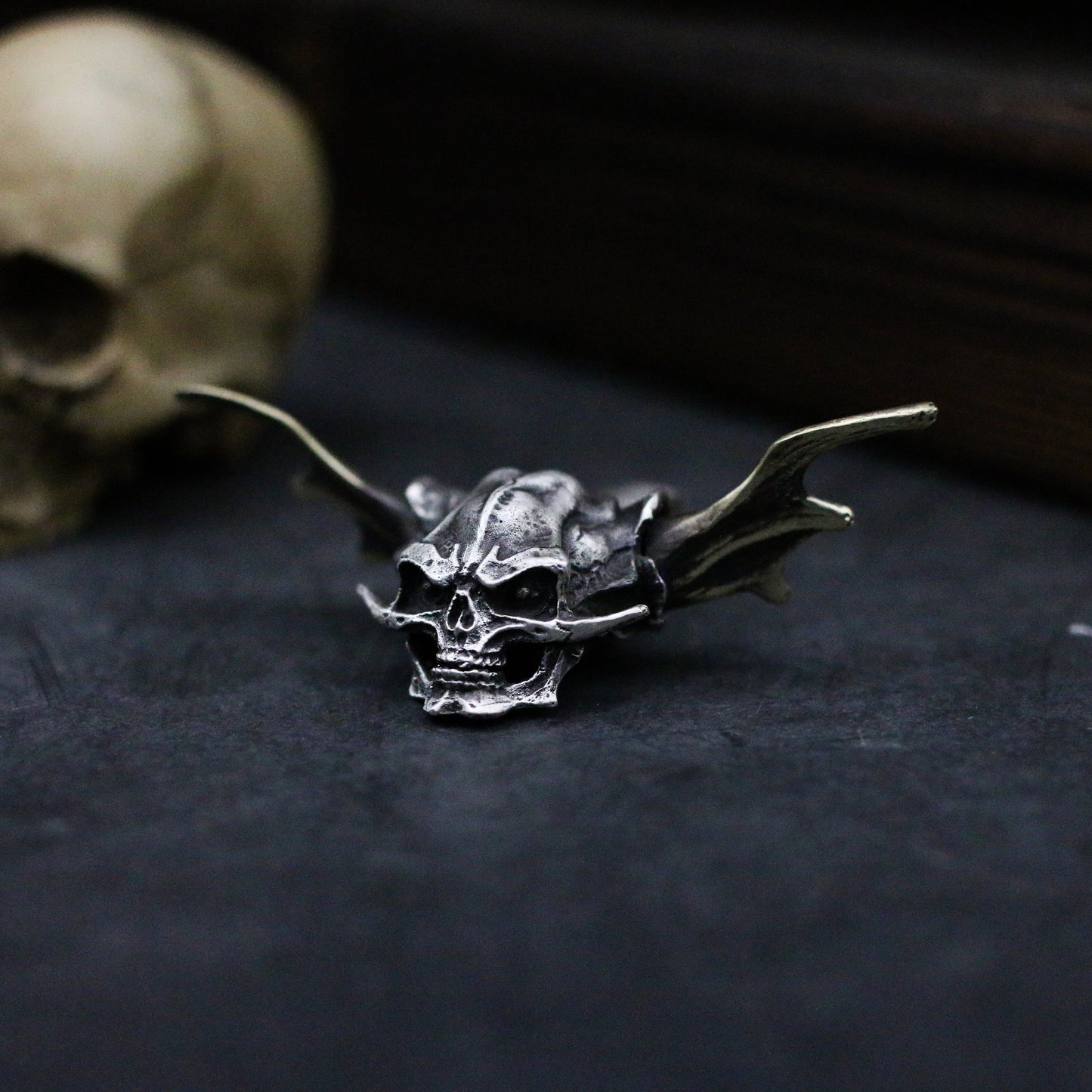 Cannibal skull 925 silver pendant necklace, bat wings monster skull pendant necklace, 925 sterling silver personalized gift-craftsman made