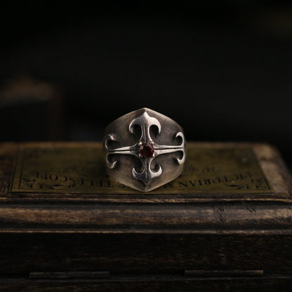 Ruby inlaid 925 silver ring, Gift for mother,Palace Gothic vintage cross ring, Sterling silver personalized gift - Craftsman Made - SATANHORN