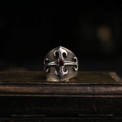 Ruby inlaid 925 silver ring, Gift for mother,Palace Gothic vintage cross ring, Sterling silver personalized gift - Craftsman Made - SATANHORN