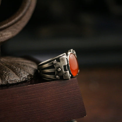 Doomsday Wasteland Mecha 925 Silver  Ring, Ruby Inlaid Ring, Sterling Silver Gothic Retro Cyberpunk-Crafted by Craftsman - SATANHORN