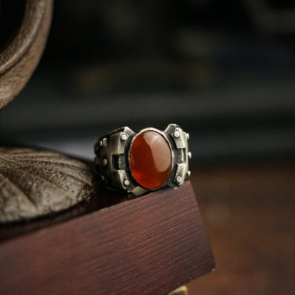 Doomsday Wasteland Mecha 925 Silver  Ring, Ruby Inlaid Ring, Sterling Silver Gothic Retro Cyberpunk-Crafted by Craftsman - SATANHORN