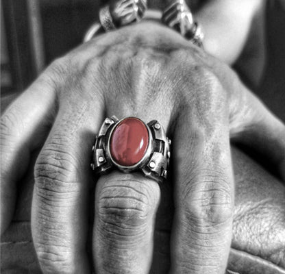 Doomsday Wasteland Mecha 925 Silver  Ring, Ruby Inlaid Ring, Sterling Silver Gothic Retro Cyberpunk-Crafted by Craftsman - SATANHORN