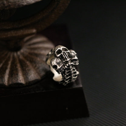 Three-headed skull 925 silver ring, Three ghost soul ring, sterling silver brass retro dark punk personality men’s gift - Craftsman made - SATANHORN