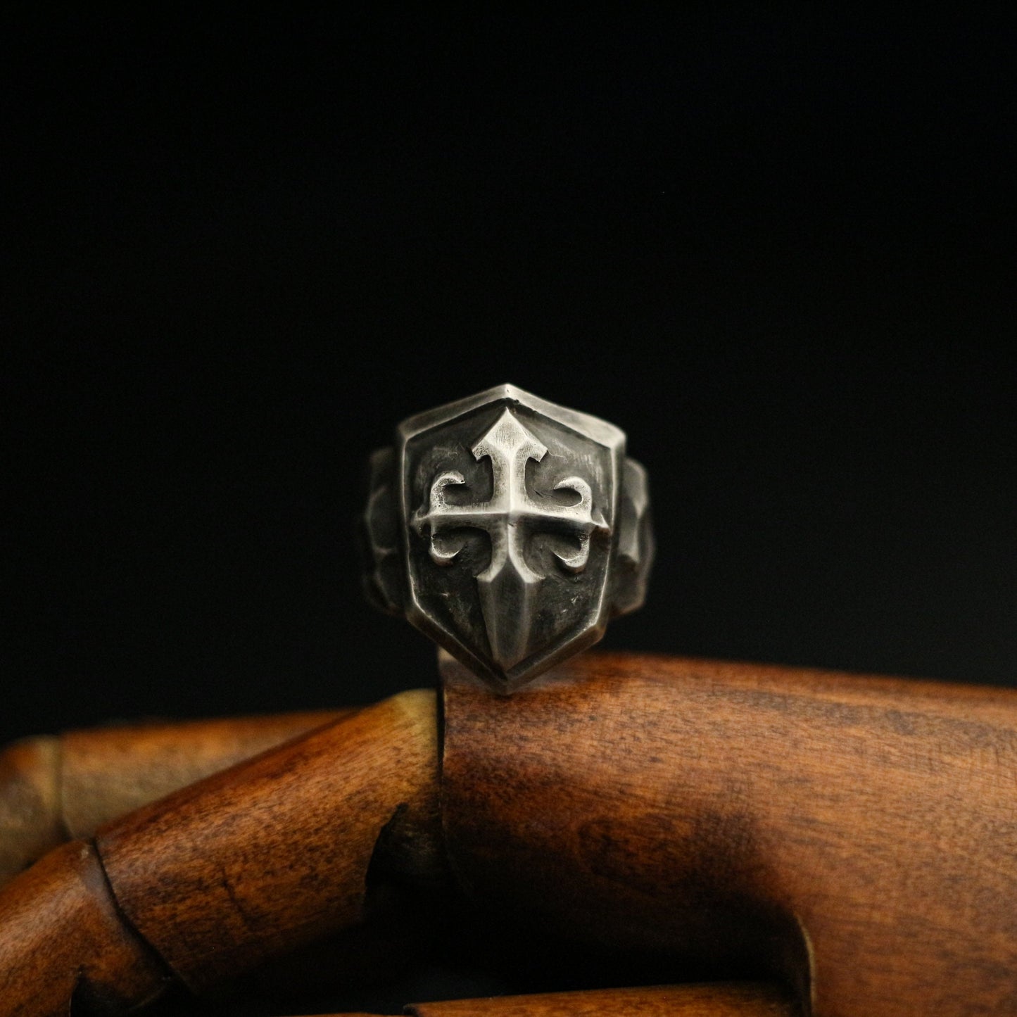 Cross shield 925 silver ring, cross print ring, sterling silver brass vintage dark Court style gift for men - Craftsman made - SATANHORN