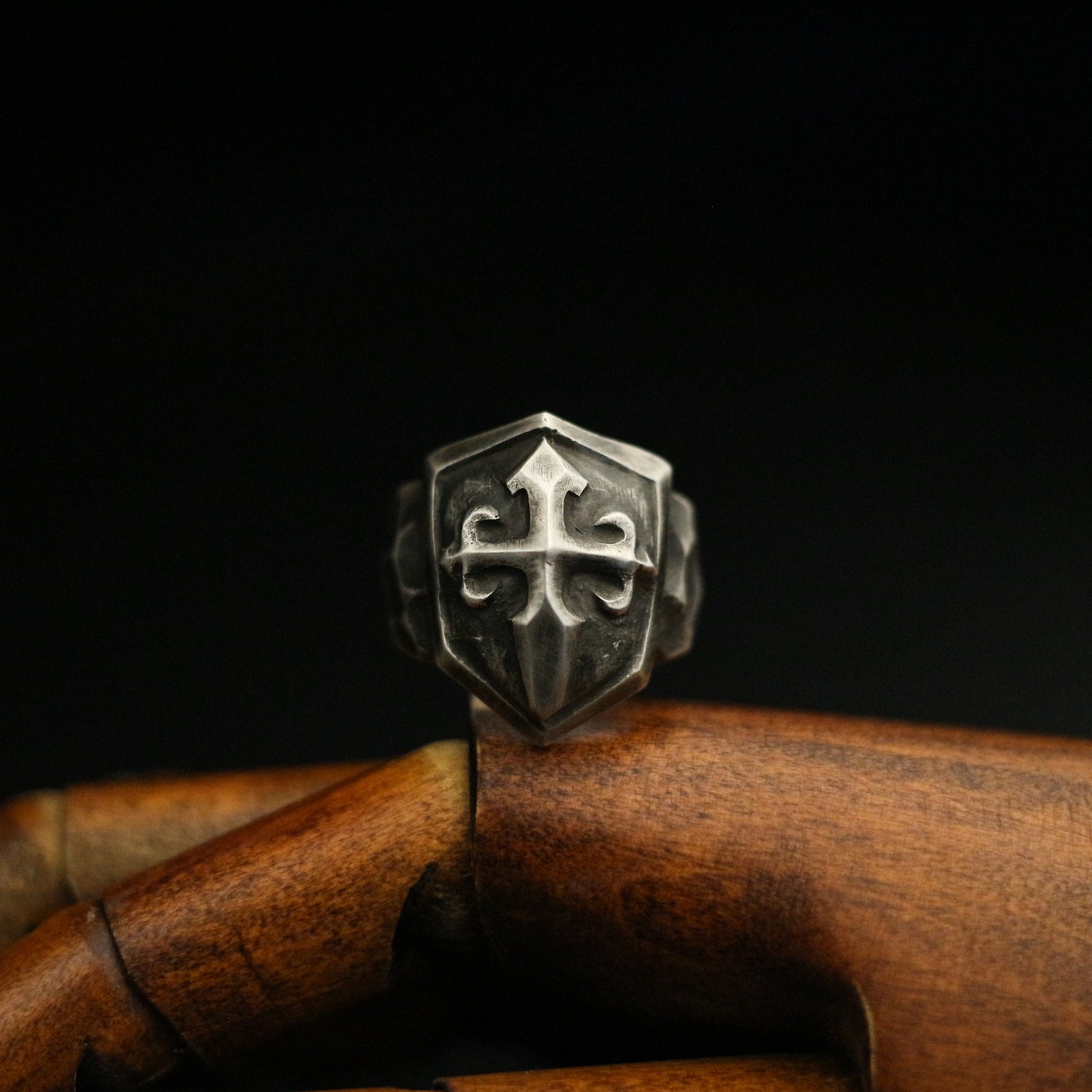 Cross shield 925 silver ring, cross print ring, sterling silver brass vintage dark Court style gift for men - Craftsman made - SATANHORN