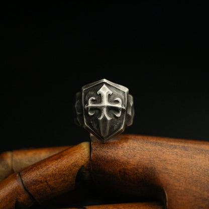 Cross shield 925 silver ring, cross print ring, sterling silver brass vintage dark Court style gift for men - Craftsman made - SATANHORN