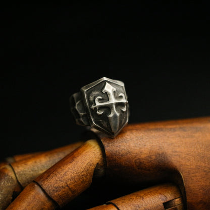 Cross shield 925 silver ring, cross print ring, sterling silver brass vintage dark Court style gift for men - Craftsman made - SATANHORN