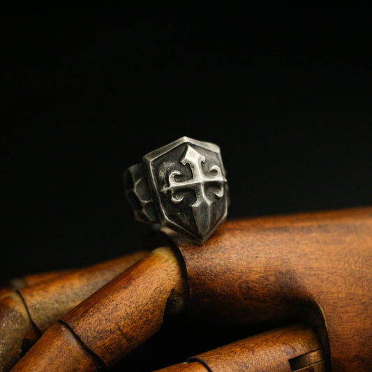 Cross shield 925 silver ring, cross print ring, sterling silver brass vintage dark Court style gift for men - Craftsman made - SATANHORN