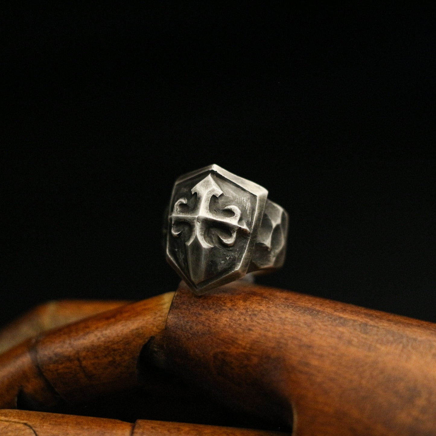 Cross shield 925 silver ring, cross print ring, sterling silver brass vintage dark Court style gift for men - Craftsman made - SATANHORN