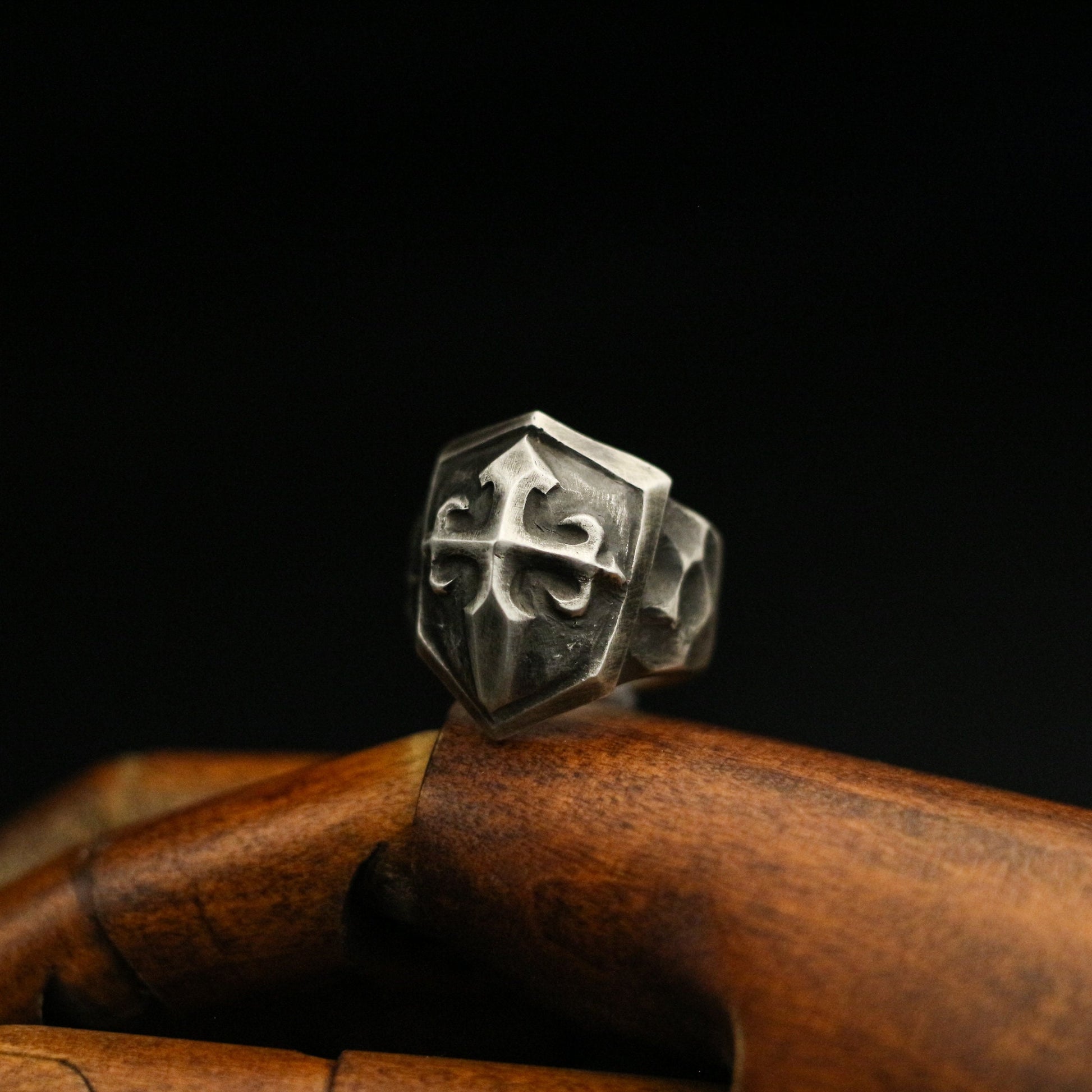 Cross shield 925 silver ring, cross print ring, sterling silver brass vintage dark Court style gift for men - Craftsman made - SATANHORN