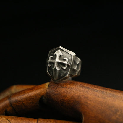 Cross shield 925 silver ring, cross print ring, sterling silver brass vintage dark Court style gift for men - Craftsman made - SATANHORN