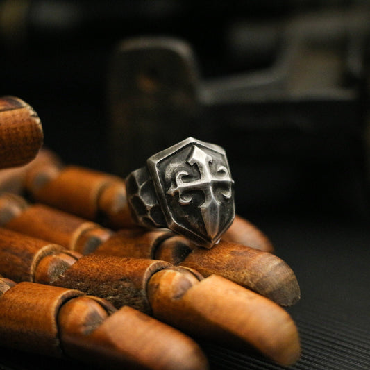 Cross shield 925 silver ring, cross print ring, sterling silver brass vintage dark Court style gift for men - Craftsman made - SATANHORN