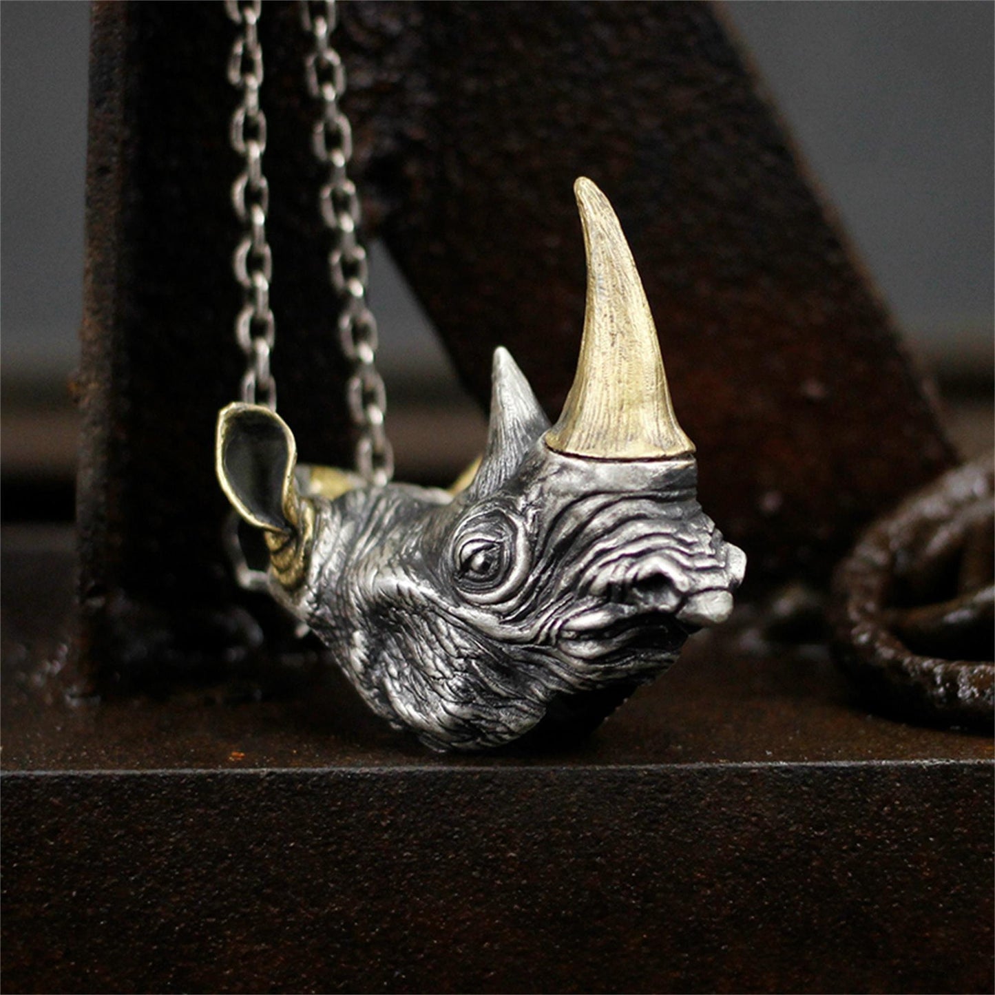 Rhino head 925 silver pendant necklace, huge pendant silver jewelry, personalized creative handmade gifts-craftsmen made