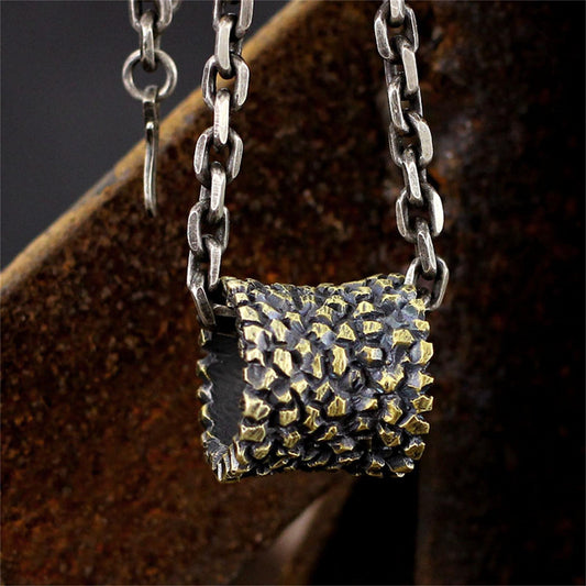 Cylindrical 925 Silver/brass pendant necklace, rock texture and texture design jewelry, personalized creative hgifts-craftsmen made