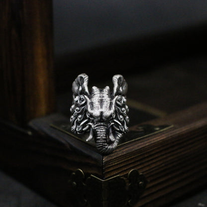 Six-tooth Elephant 925 Silver Ring - Buddhist Mount Sterling silver Ring - Crafted Made - SATANHORN