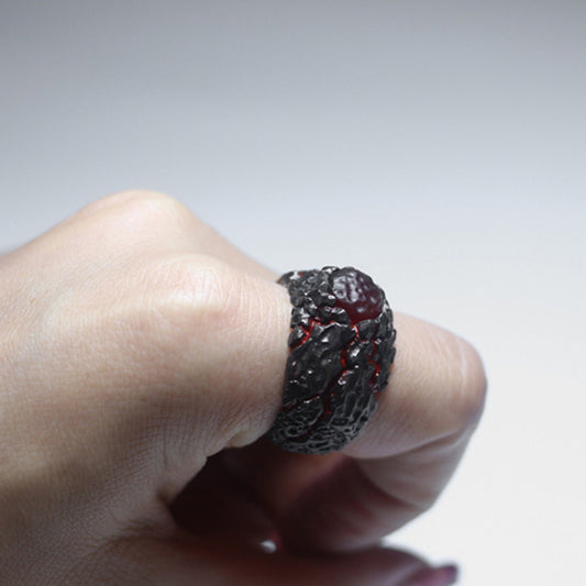 Textured 925 Silver Ring,Crackle Ring,Lava texture ring,Inlaid red agate ring,Unique Gift-Craftsman made - SATANHORN
