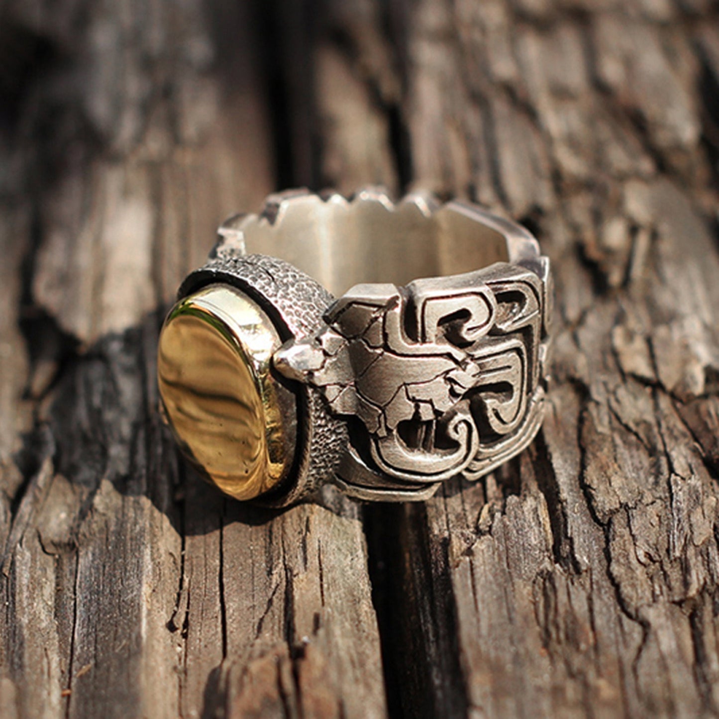 Inlaid antler 925 Silver ring, bone brass ring, gluttonous monster texture personalized ring gift-Craftsmen made